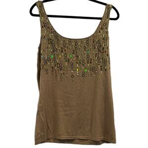 Escada Sophie Size Large Tank Top Shirt Cactus color sequin drop sleeves